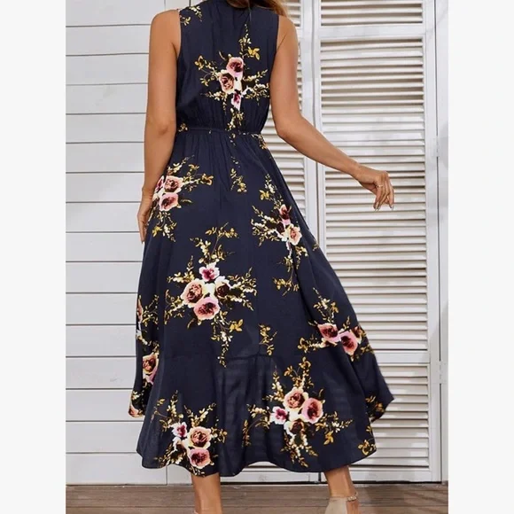 Floral Navy Blue Women's Dress - Picture 3 of 4